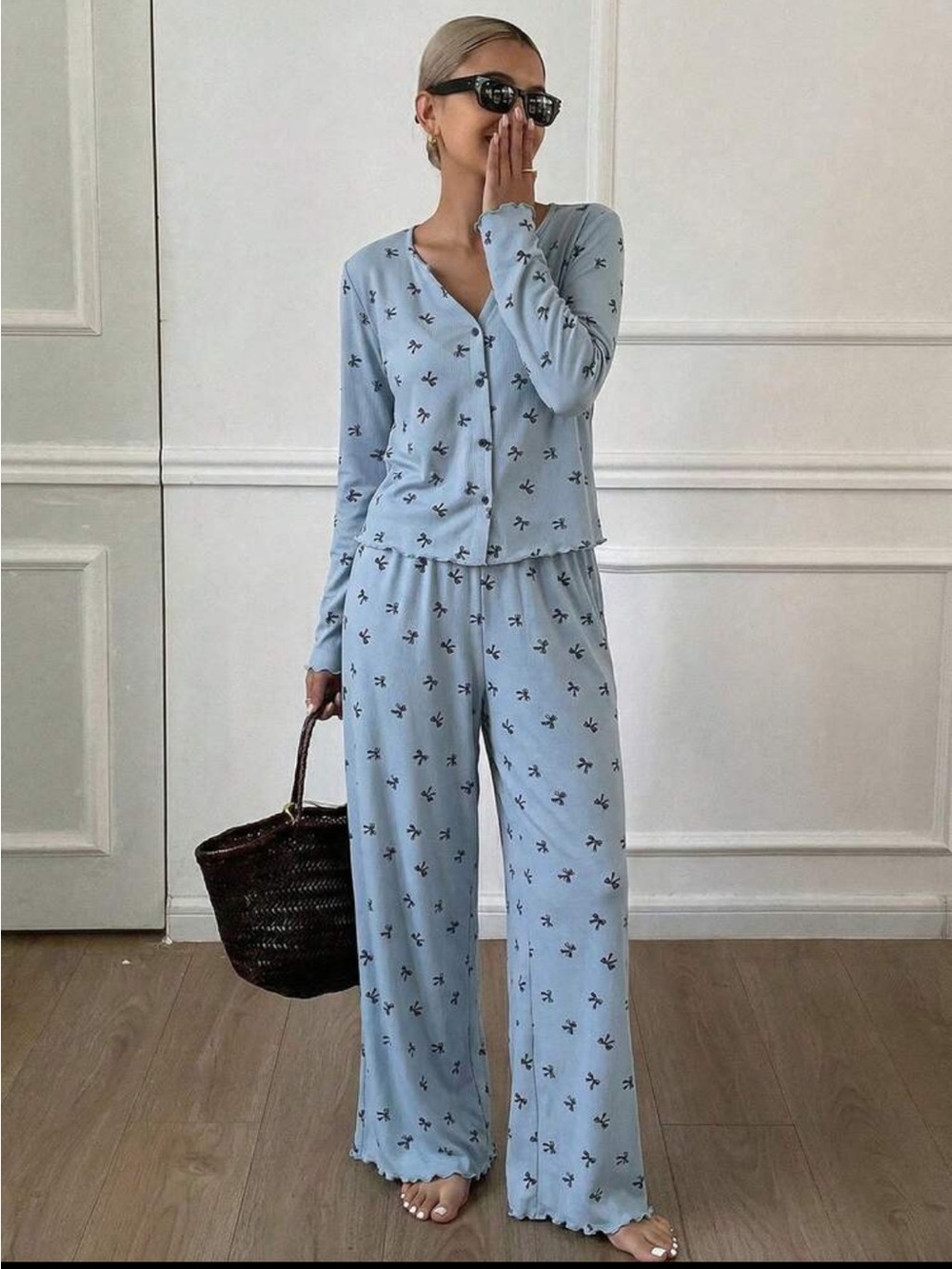 Light Blue Printed Wide-Leg Pajama Pants for Women